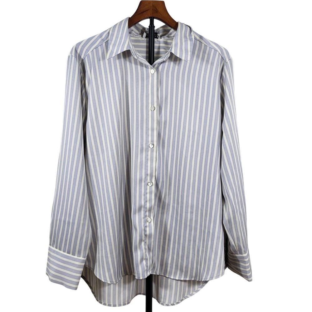 Rachel Zoe Womens XL Blue White Striped Button Down Shirt HighLow Blouse Stretch